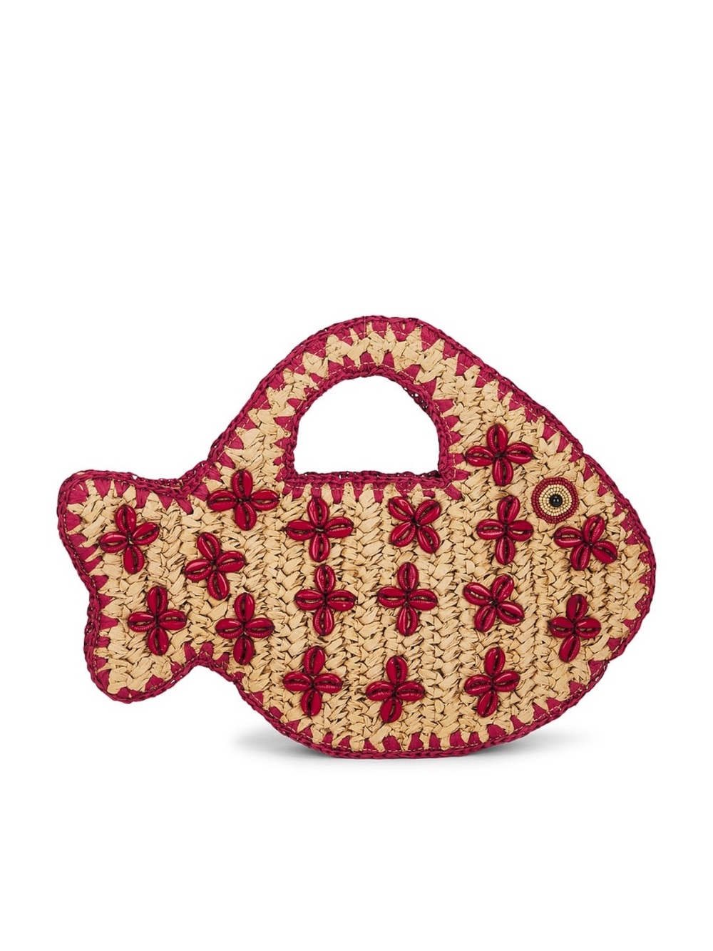NWT Simon miller Woven Fish-Shaped Straw clutch with Red Embellishments